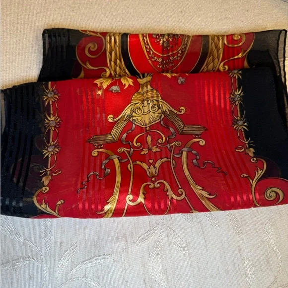 Red, black, and gold silk scarf with floral, filagree and vase motif. 53” x 10” - Picture 4 of 7